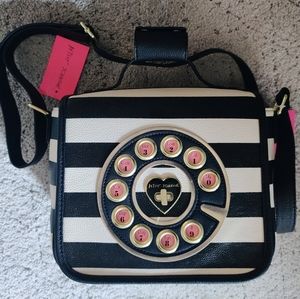 NWT Betsey Johnson Call Me Baby Phone Crossbody Bag Black & White Stripes